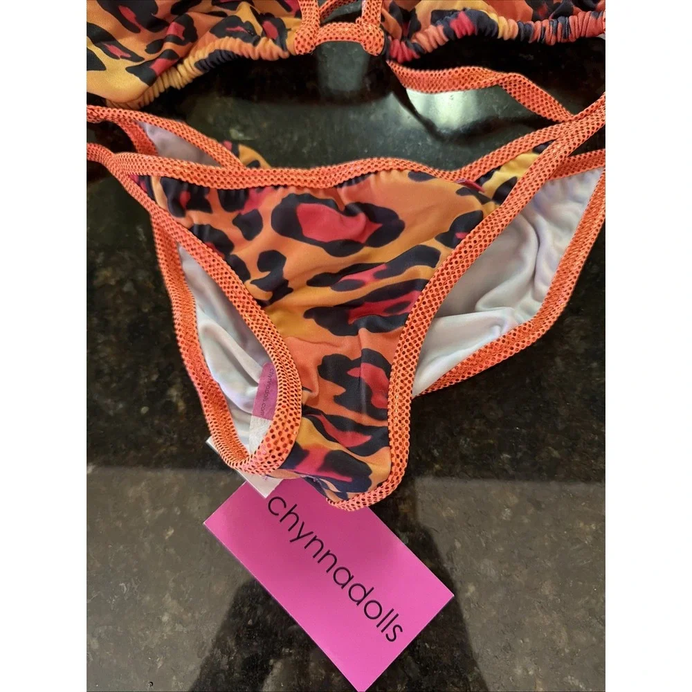 Chynna Dolls Bikini Swimwear Dancer Sz S/M Orange Animal Print Scrunch Butt NWT